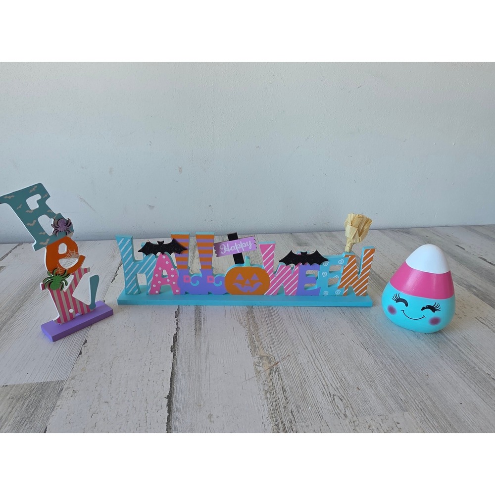 Pastel happy Halloween sign candy corn‎ bat glitter spider shabby chic teal pink